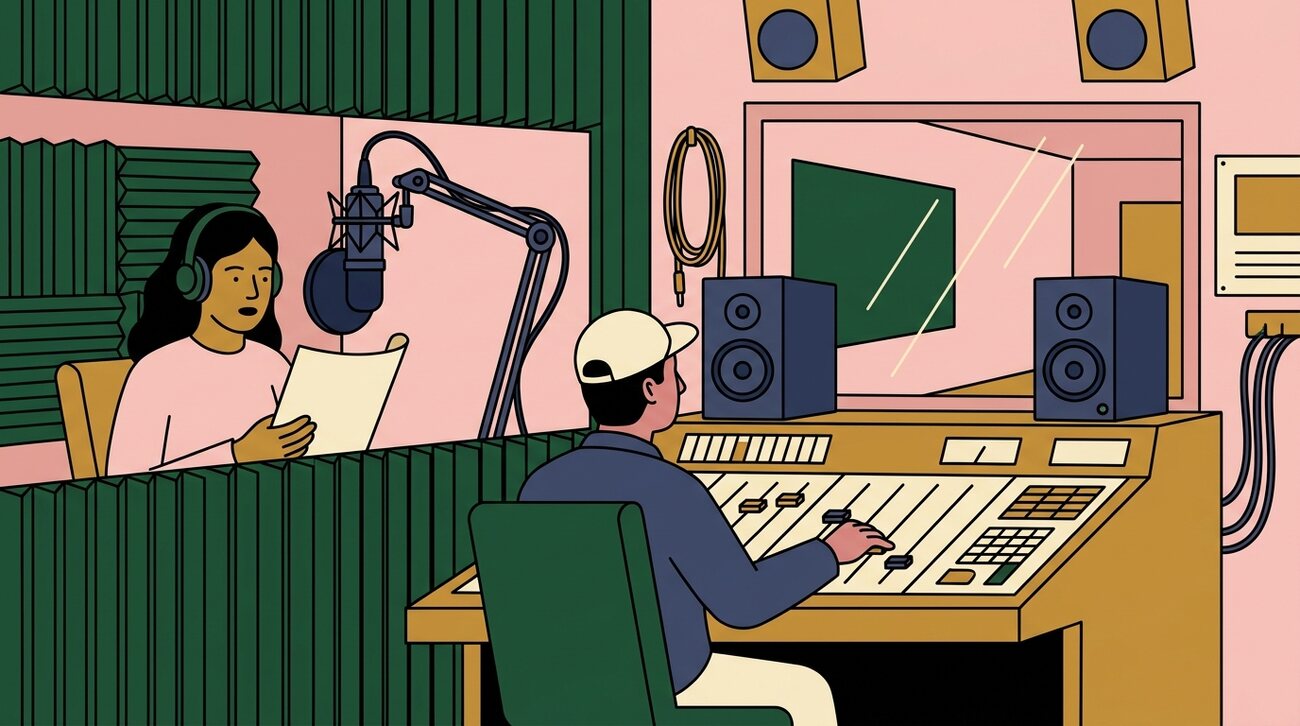 Illustration of a recording session: a narrator in a booth reading into a microphone, an engineer at a mixing desk beyond the glass